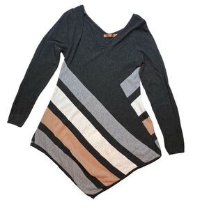 Belldni Tunic Women Large Color Block Asymmetrical Blouse Preppy Long Sleeve Top